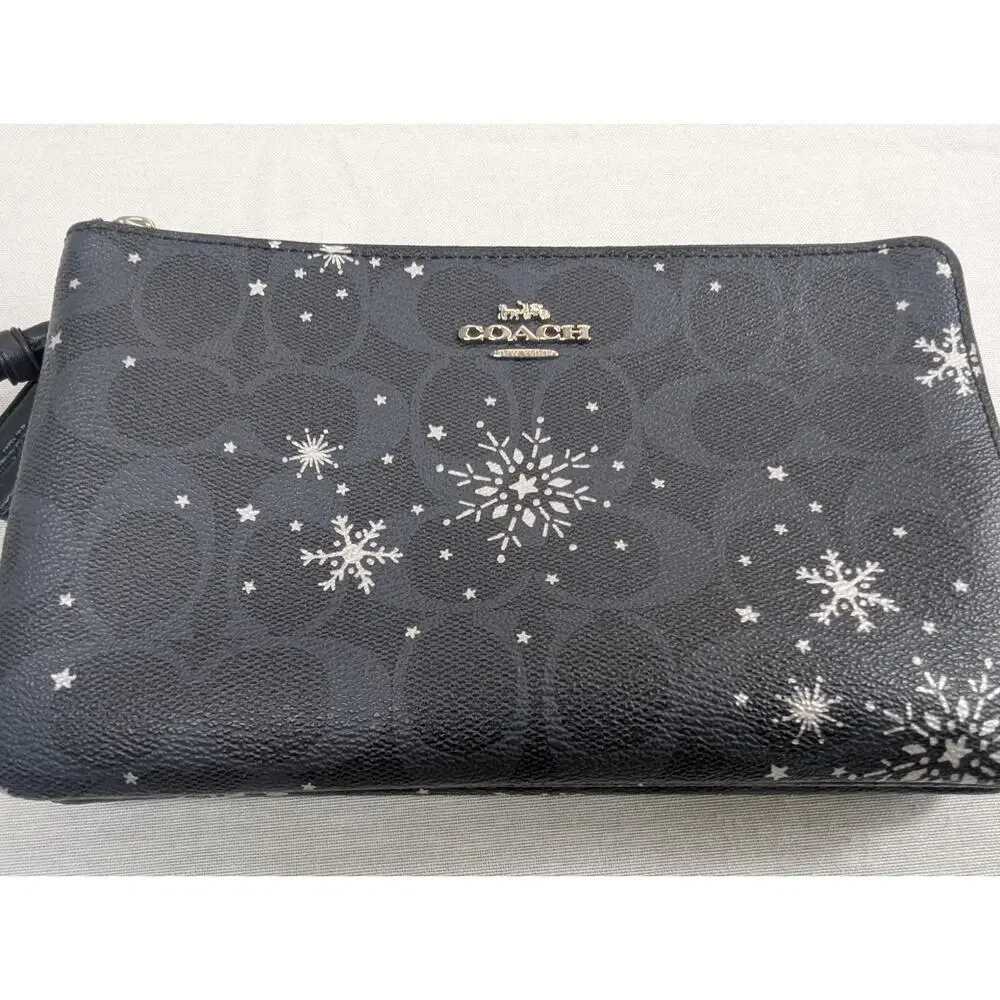Coach Navy Silver Snowflake Corner Double Zip Wristlet (Missing Zipper Pull)